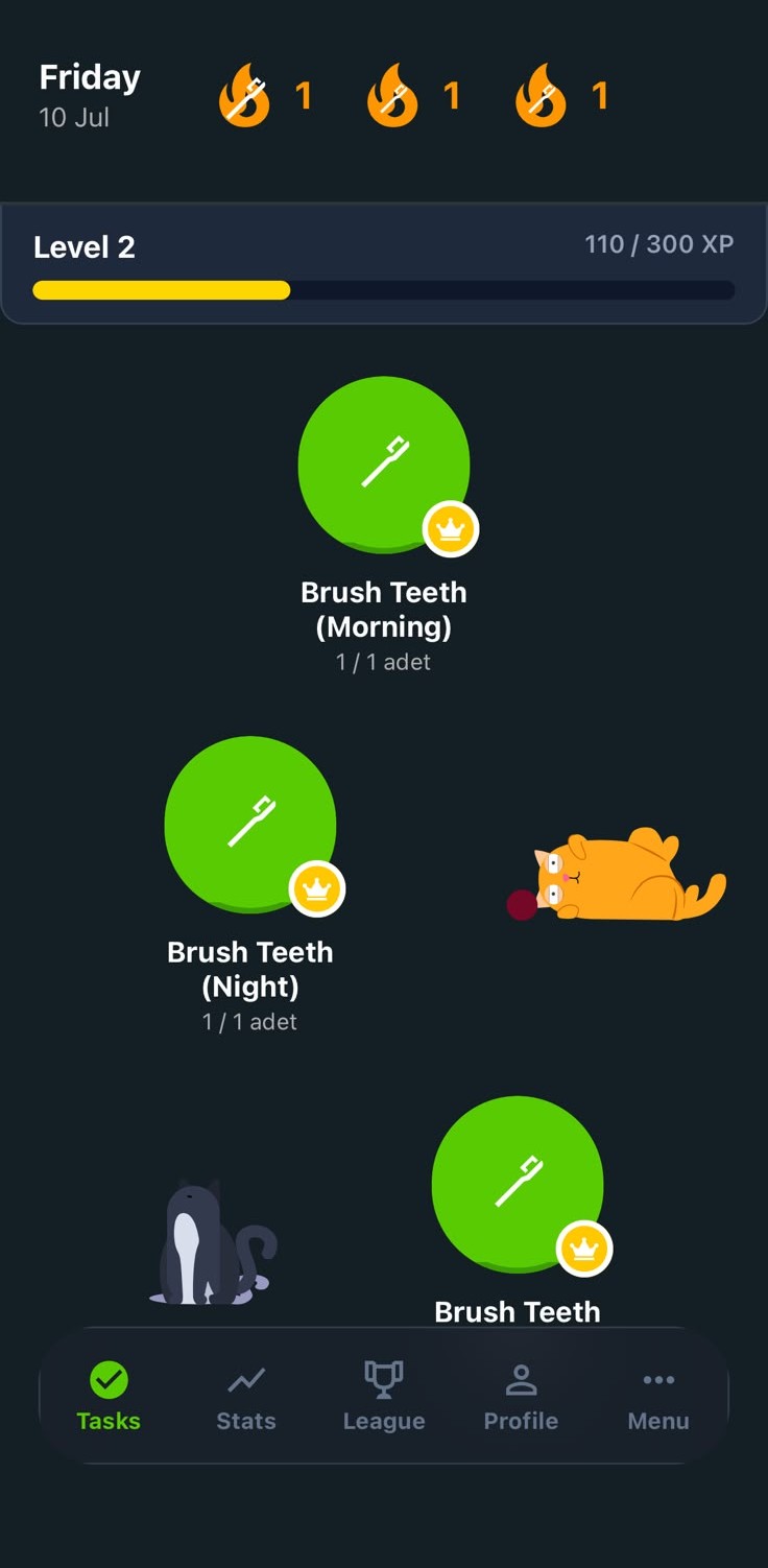 Miohabit tasks screen showing today's habits, streak flames, and level progress
