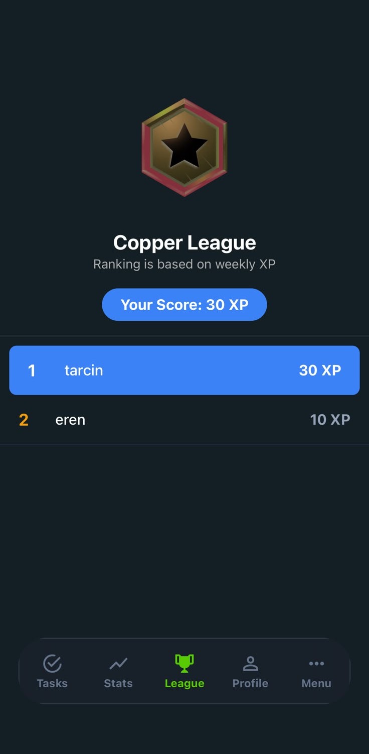 Miohabit weekly league screen showing your league ranking