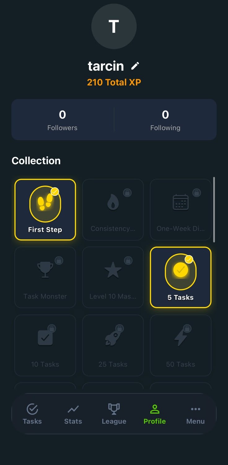 Miohabit profile screen showing total XP and unlocked achievements