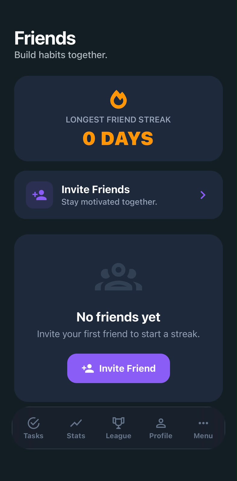 Miohabit Friends screen showing your Friend Streak and an invite option
