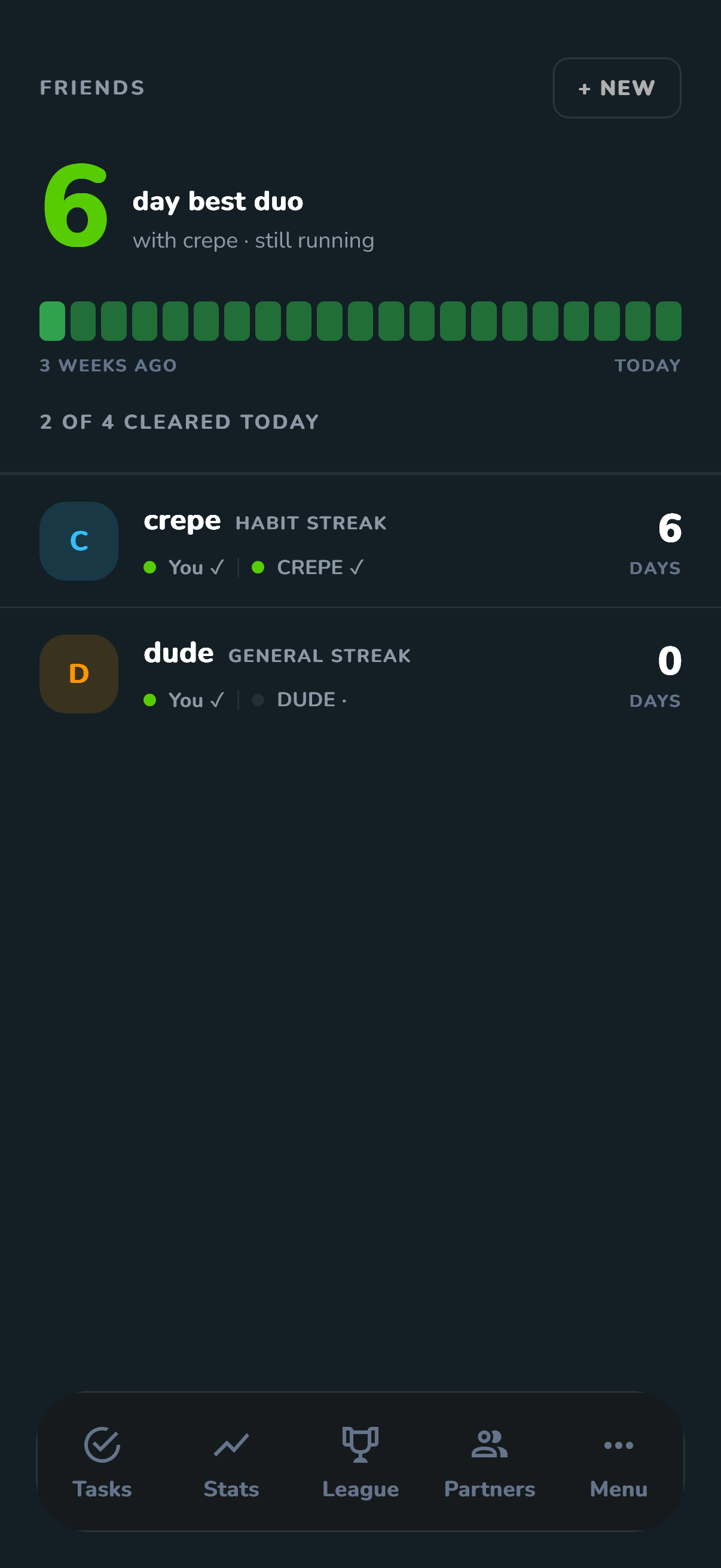 Miohabit Friends screen showing your Friend Streak history and partners